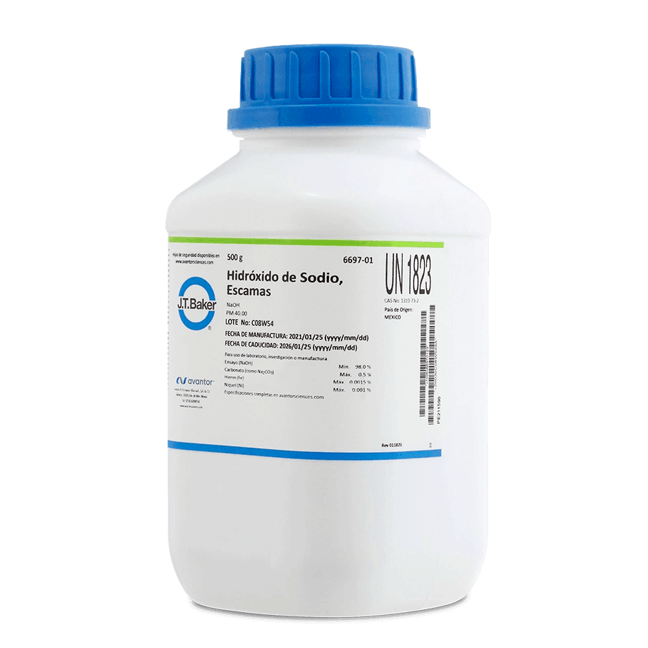 BASE HIDRÓXIDO DE SODIO ACS ESCAMAS 500 G J.T. BAKER 6697-01 CAS 1310-73-2 - Mercalab