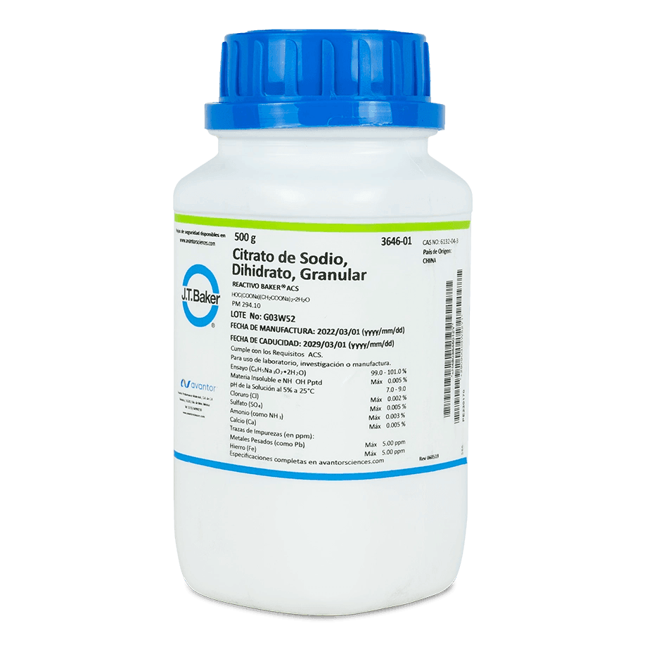 SAL QUÍMICA CITRATO DE SODIO ACS DIHIDRATADO GRANULADO 500 G J.T. BAKER 3646-01 CAS 6132-04-3 - Mercalab