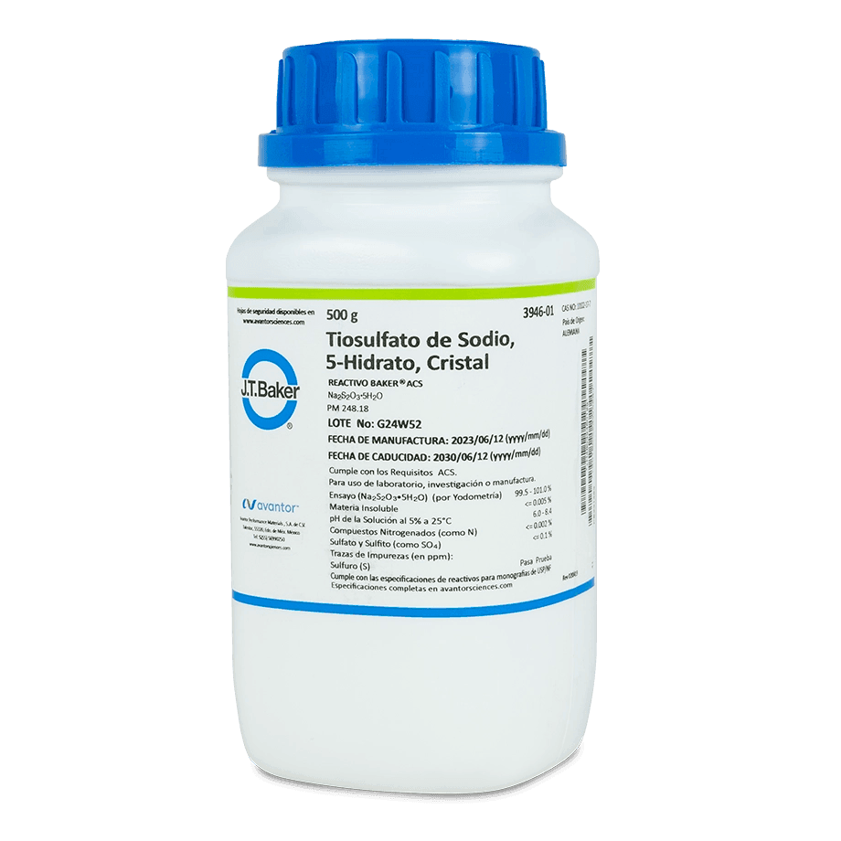 SAL QUÍMICA TIOSULFATO DE SODIO ACS PENTAHIDRATADO CRISTALES 500 G J.T. BAKER 3946-01 CAS 10102-17-7 - Mercalab