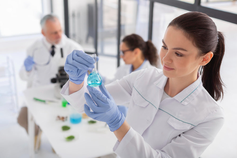 clean lab workspace with glassware, pipette tips, and digital instruments in soft light