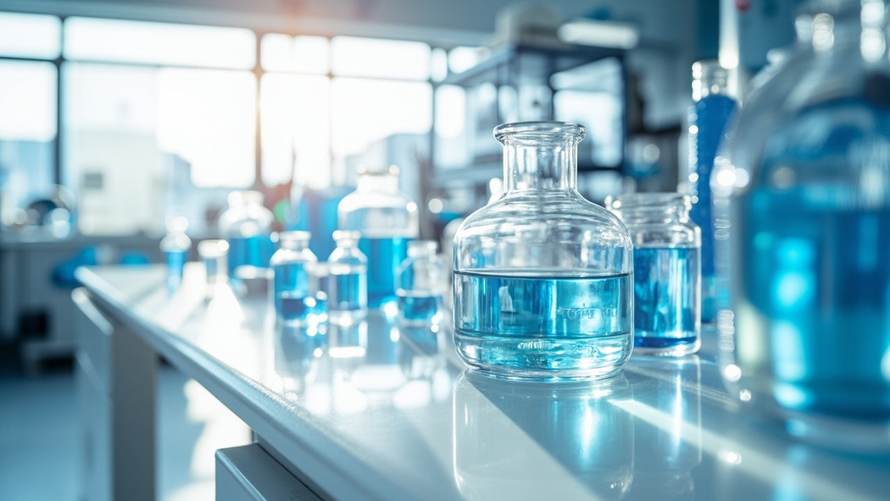 organized laboratory bench with glassware and tools in bright, clean lighting
