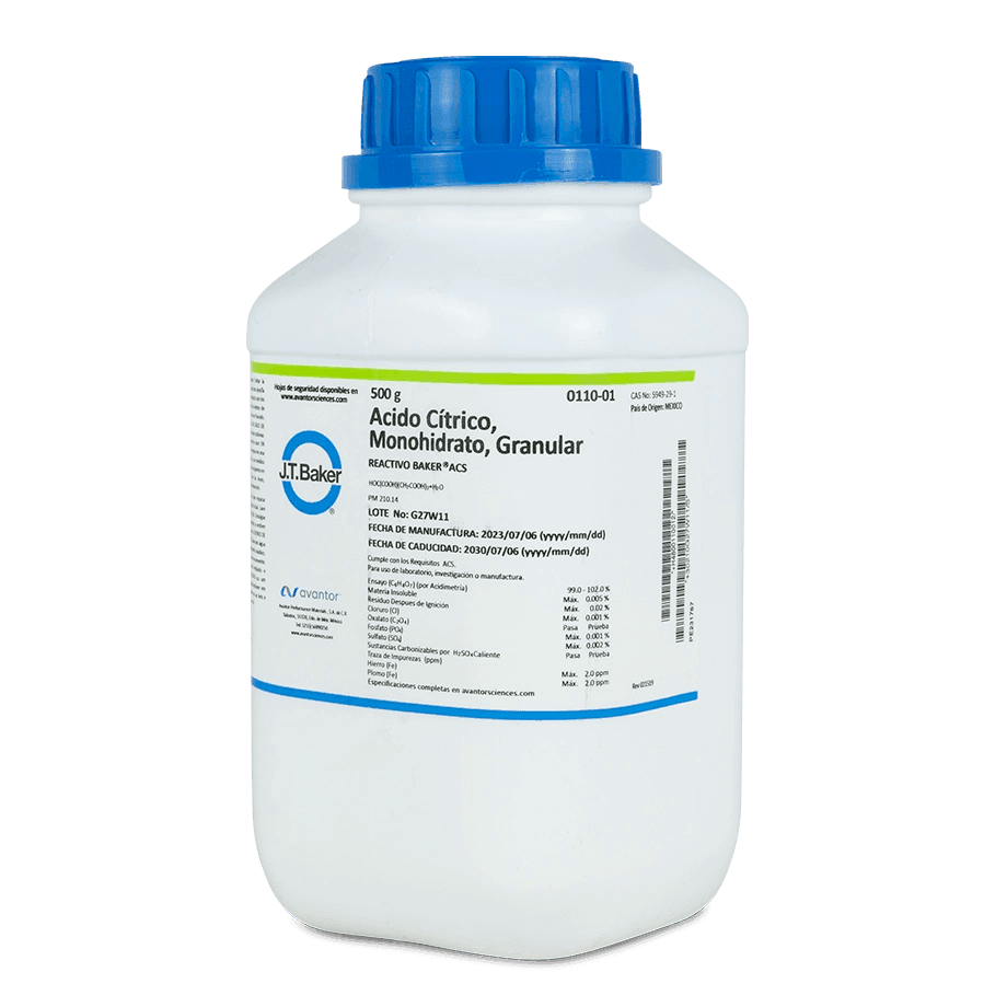 ÁCIDO CÍTRICO ACS MONOHIDRATADO GRANULADO 500 G J.T. BAKER 0110-01 CAS 5949-29-1 - Mercalab