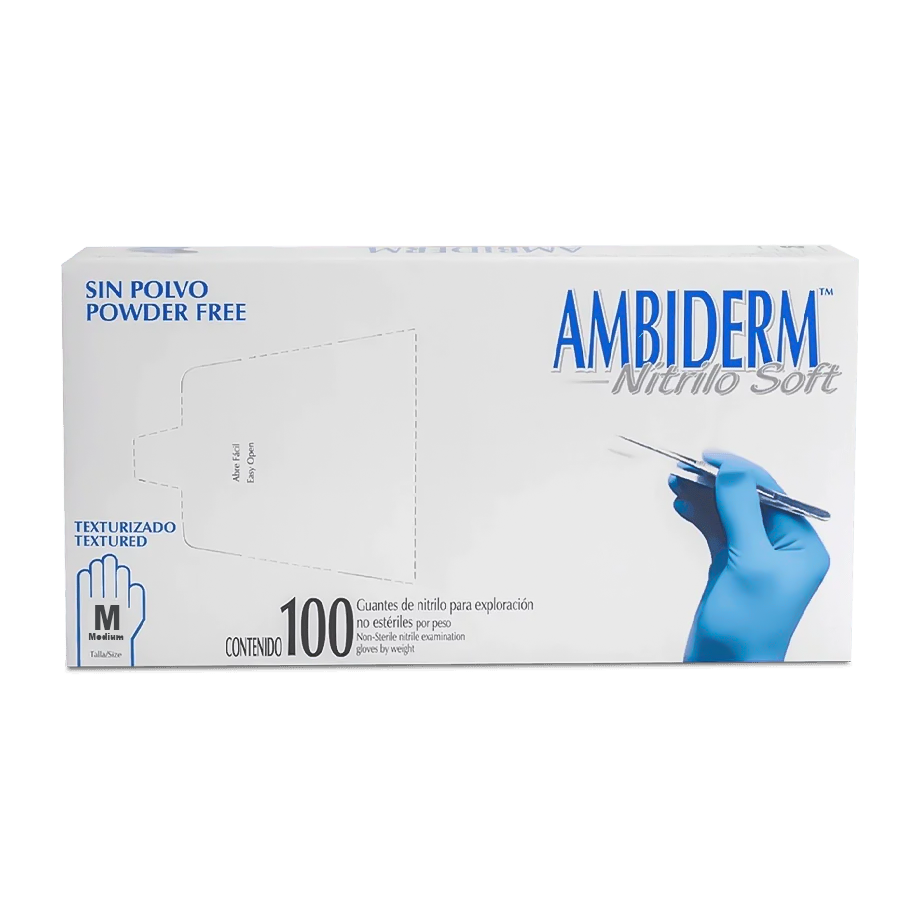 GUANTES DE NITRILO AMBIDERM NO ESTÉRILES, SIN POLVO Y DESECHABLES PAQUETE 100 PIEZAS