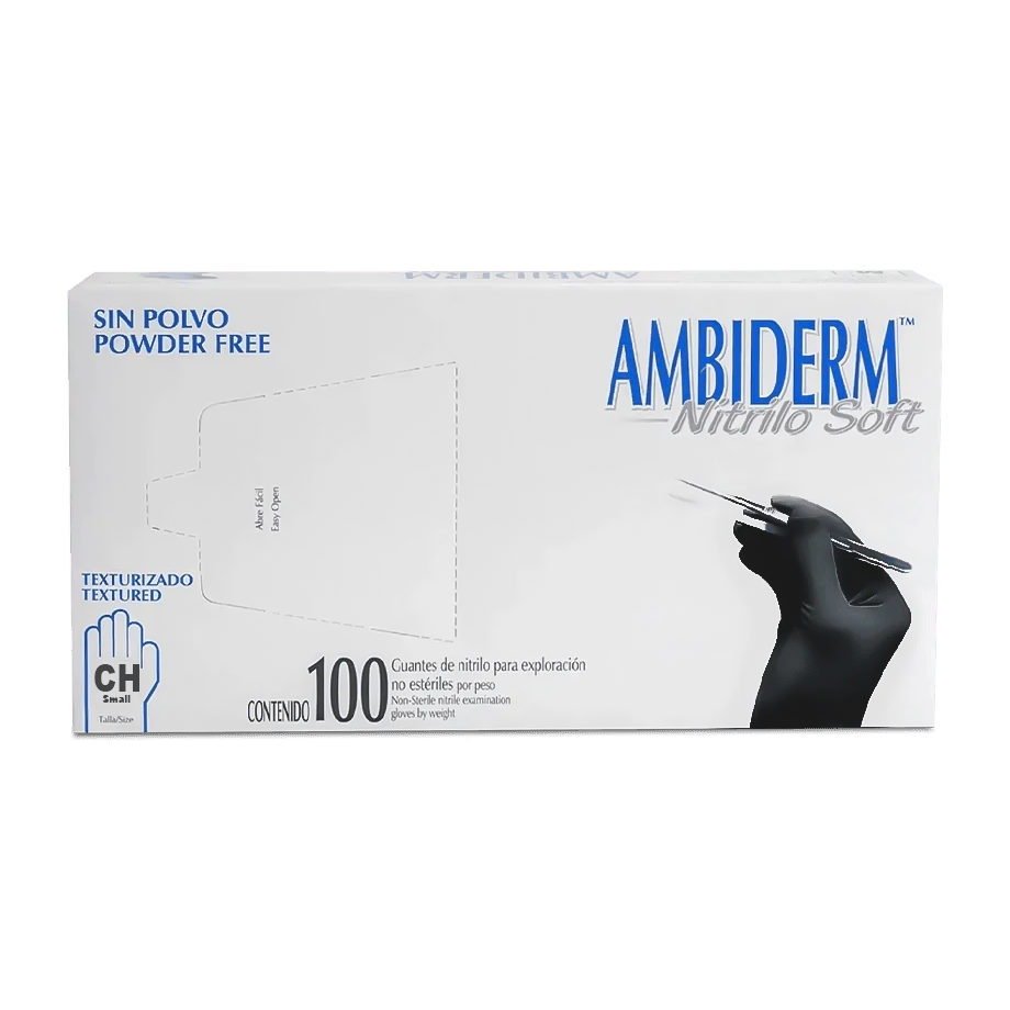 GUANTES DE NITRILO AMBIDERM NO ESTÉRILES, SIN POLVO Y DESECHABLES PAQUETE 100 PIEZAS