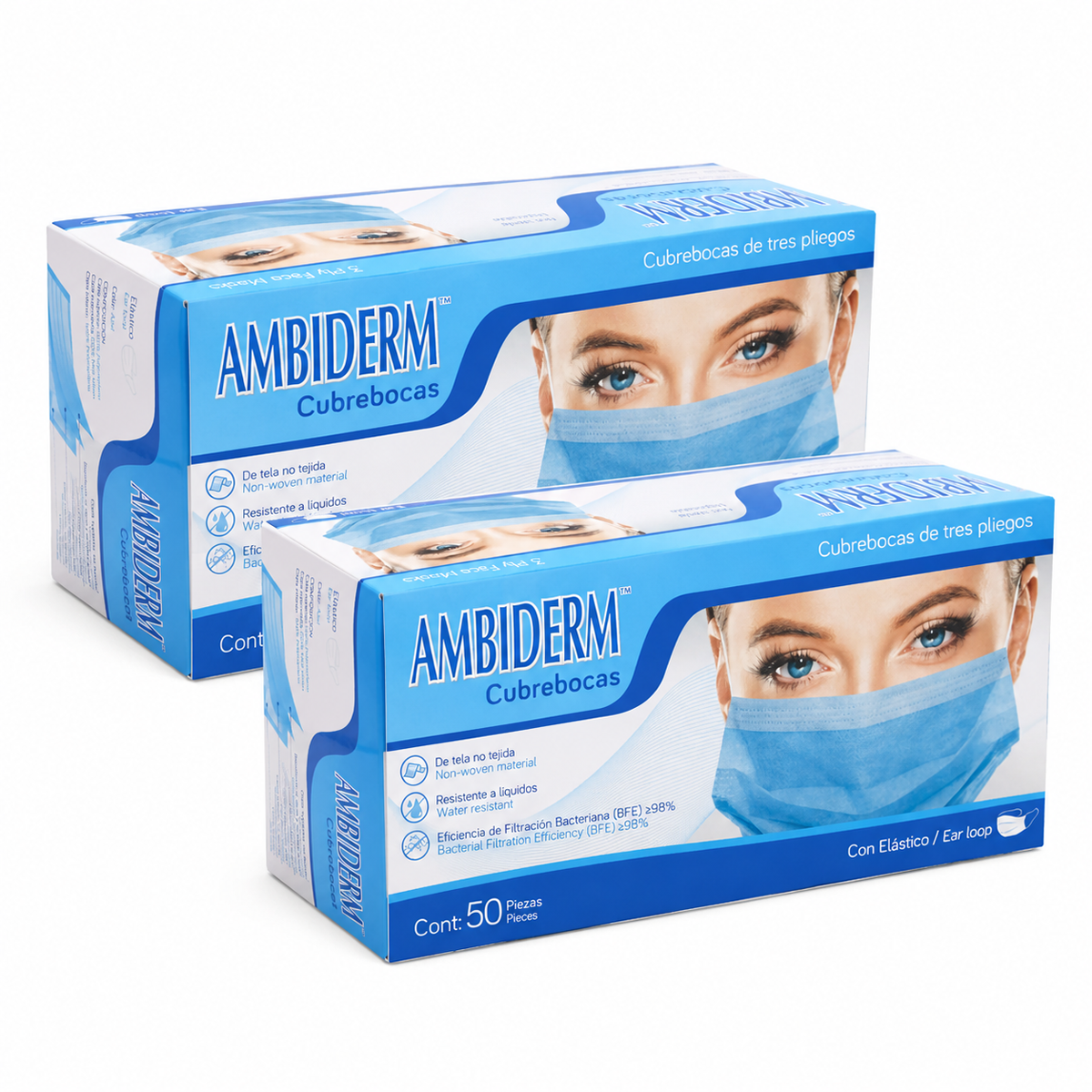 CUBREBOCAS TRICAPA AZUL CON ELÁSTICO Y DESECHABLE AMBIDERM PACK 2 CAJAS