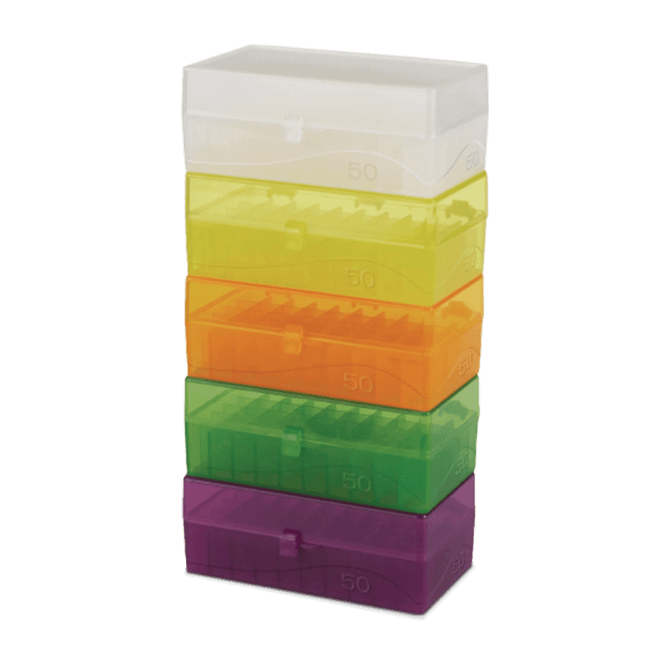 CAJA PARA 50 MICROTUBOS Y VIALES DE 1.5-2.0 ML HEATHROW SCIENTIFIC 120033 DE PLÁSTICO AUTOCLAVABLE DE COLORES PARA USO CRIOGÉNICO (POR PIEZA) - Mercalab