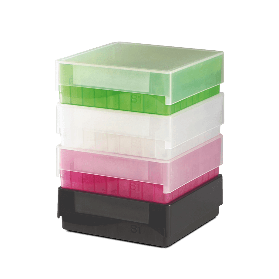 CAJA PARA 81 MICROTUBOS Y VIALES DE 1.5-2.0 ML HEATHROW SCIENTIFIC 120033 DE PLÁSTICO AUTOCLAVABLE DE COLORES PARA USO CRIOGÉNICO (POR PIEZA) - Mercalab