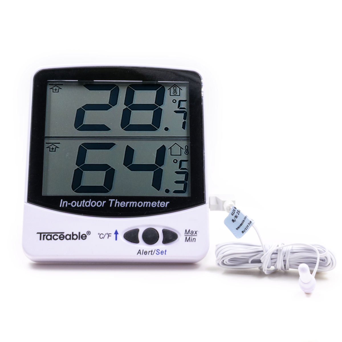 TERMÓMETRO DIGITAL JUMBO DE DOBLE LECTURA PARA INTERIOR/EXTERIOR CON ALARMA CERTIFICADO TRACEABLE 4126CC