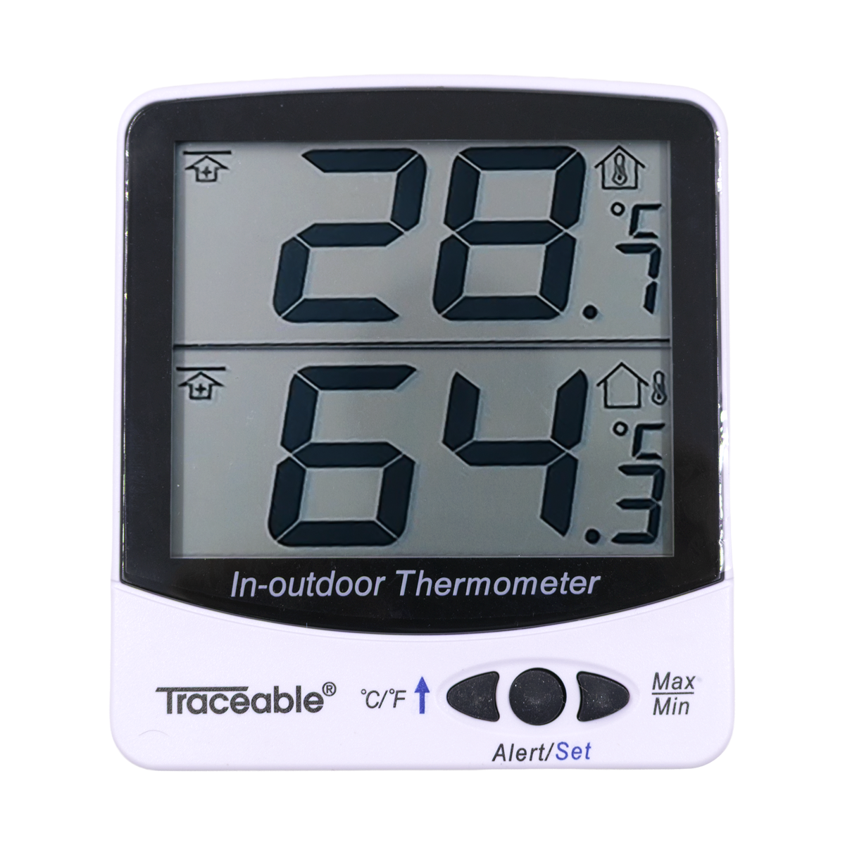 TERMÓMETRO DIGITAL JUMBO DE DOBLE LECTURA PARA INTERIOR/EXTERIOR CON ALARMA CERTIFICADO TRACEABLE 4126CC