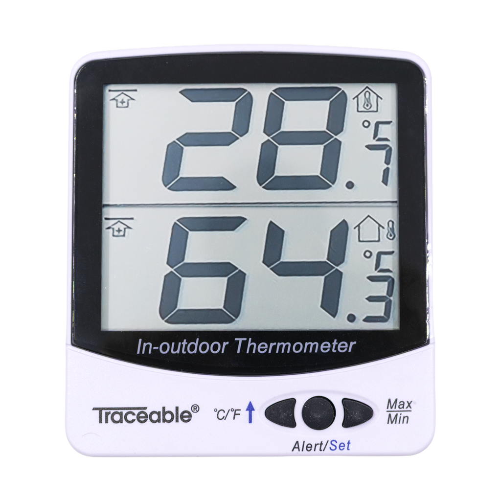 TERMÓMETRO DIGITAL JUMBO DE DOBLE LECTURA PARA INTERIOR/EXTERIOR CON ALARMA CERTIFICADO TRACEABLE 4126CC