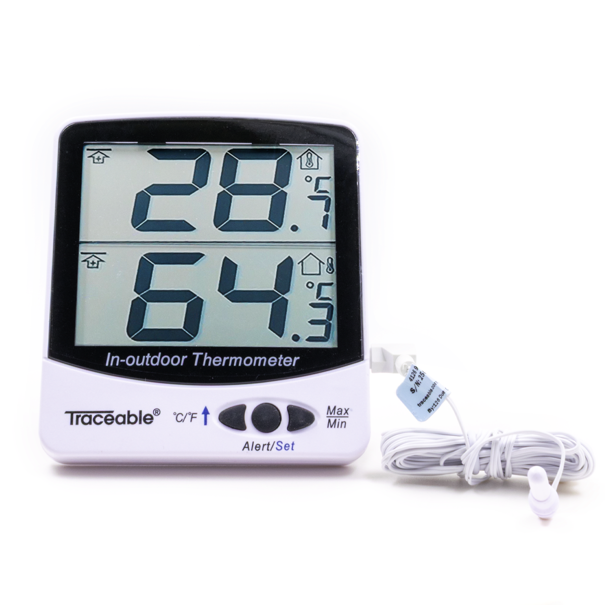 TERMÓMETRO DIGITAL JUMBO DE DOBLE LECTURA PARA INTERIOR/EXTERIOR CON ALARMA CERTIFICADO TRACEABLE 4126CC