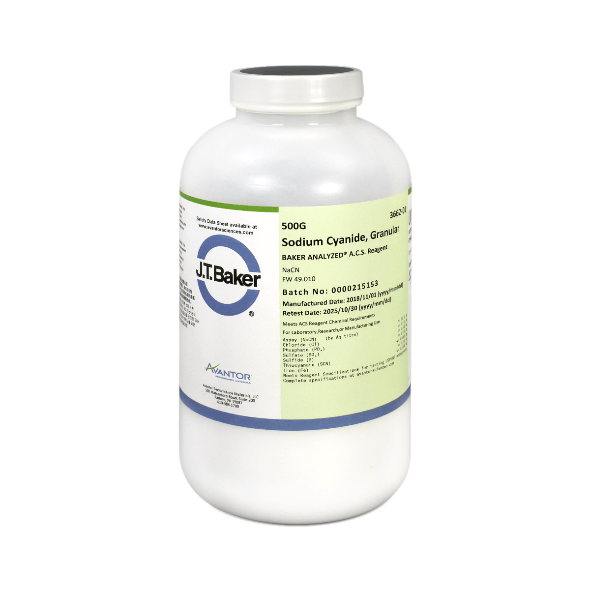 CIANURO DE SODIO ACS GRANULADO 500 G J.T. BAKER 3662 CAS 143-33-9