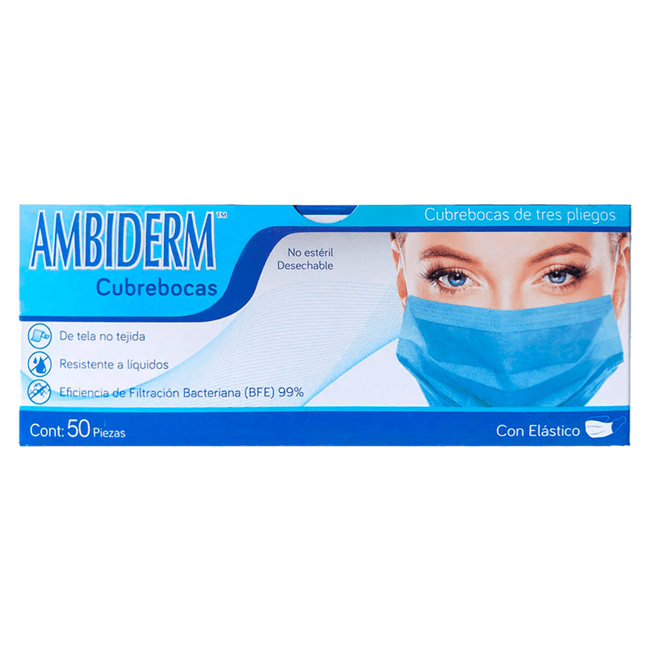 CUBREBOCAS TRICAPA AMBIDERM 300100020 AZUL CON ELÁSTICO Y DESECHABLE CON 50 PIEZAS - Mercalab