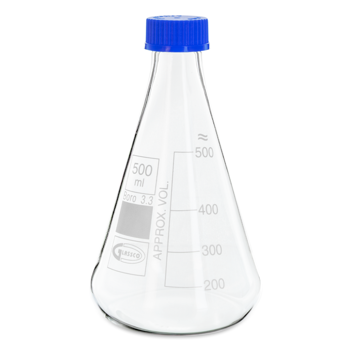MATRAZ ERLENMEYER CON TAPA DE ROSCA GLASSCO 075.202 PARA MEZCLAR MEDIOS DE CULTIVO