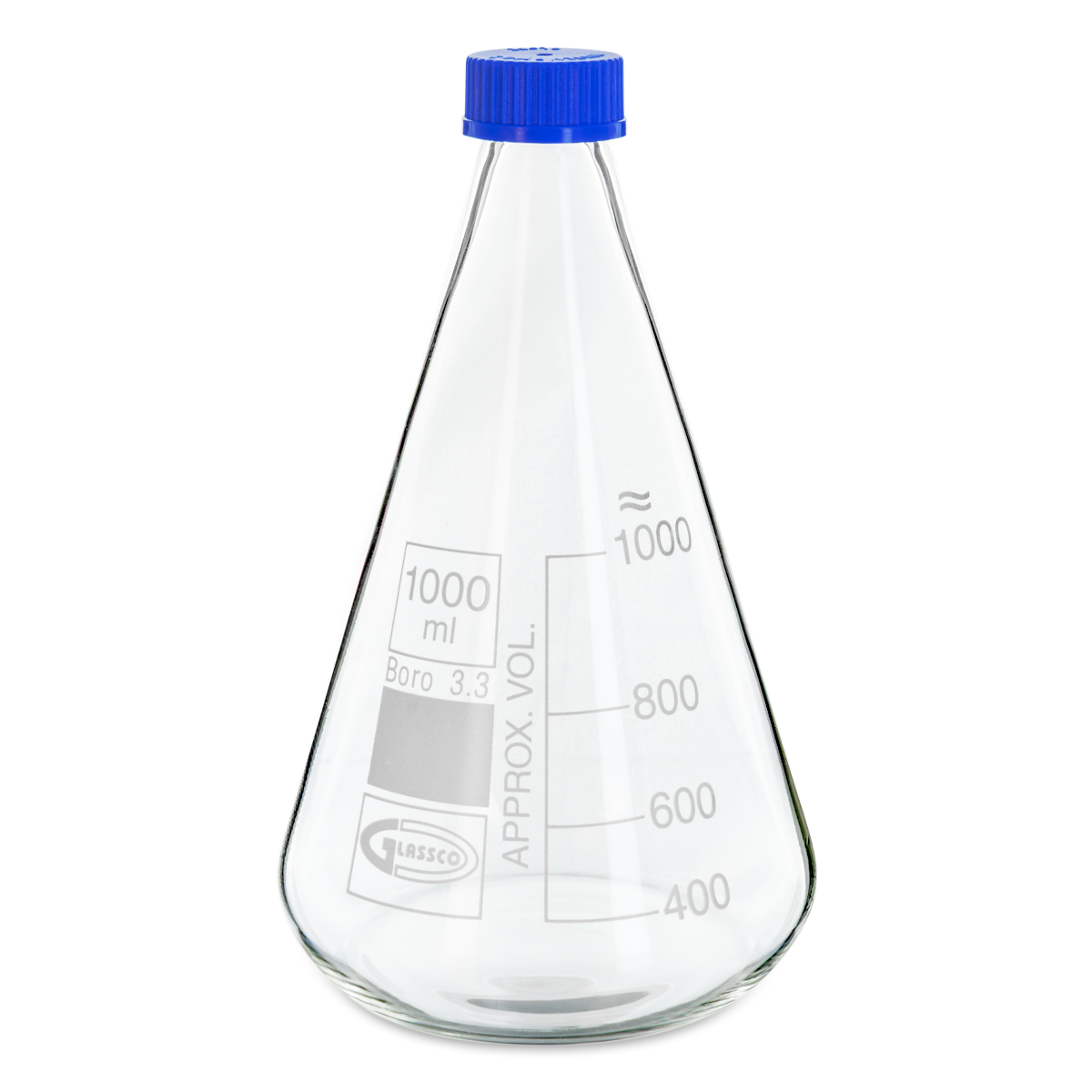 MATRAZ ERLENMEYER CON TAPA DE ROSCA GLASSCO 075.202 PARA MEZCLAR MEDIOS DE CULTIVO