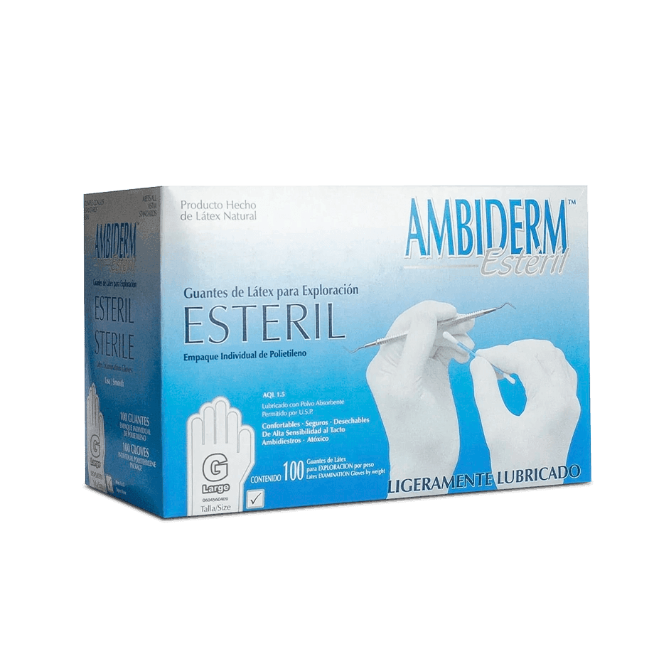 GUANTES DE LÁTEX AMBIDERM 1100000012 ESTÉRILES Y DESECHABLES PARA EXPLORACIÓN PAQUETE 100 PIEZAS - Mercalab