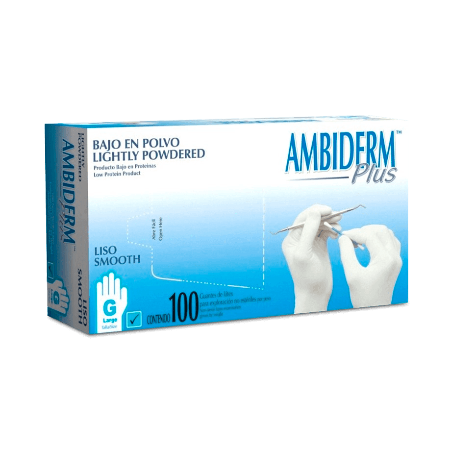 GUANTES DE LÁTEX AMBIDERM 100100022 NO ESTÉRILES Y DESECHABLES PARA EXPLORACIÓN PAQUETE 100 PIEZAS - Mercalab