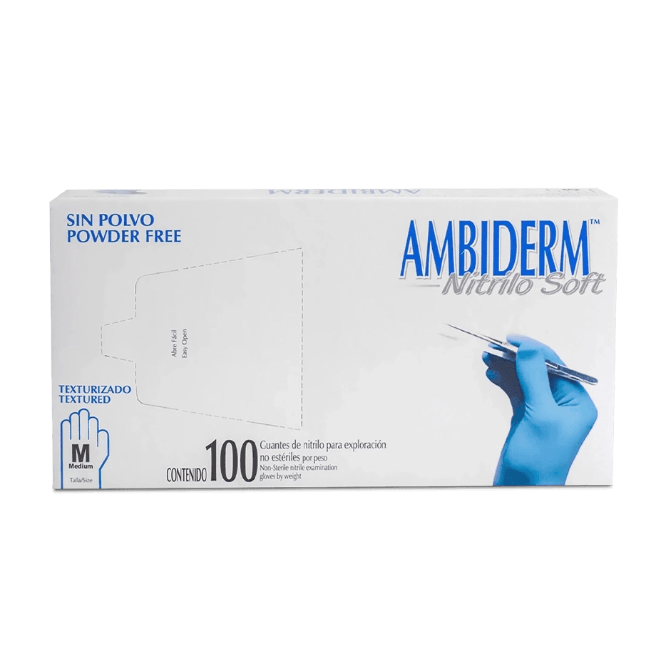 GUANTES DE NITRILO AMBIDERM NO ESTÉRILES, SIN POLVO Y DESECHABLES PAQUETE 100 PIEZAS - Mercalab