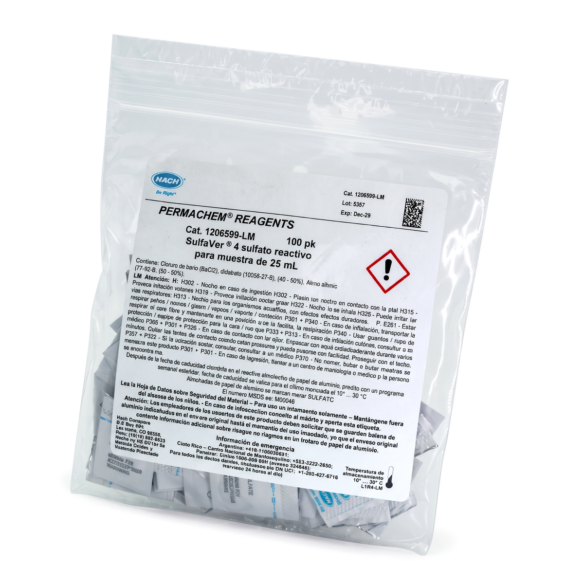 Reactivo SulfaVer 4 para Determinación de Sulfatos en Calidad de Agua 2-70 MG/L - Muestra 25 ML con 100 Piezas - HACH 1206599