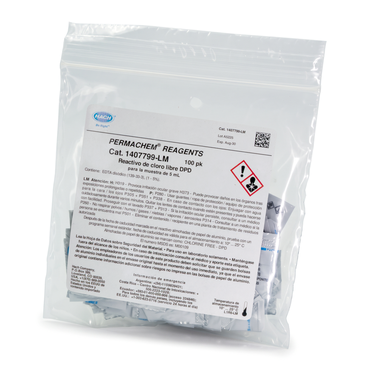 ALMOHADILLAS CLORO LIBRE DPD 3.5 MG/L CL2 5 ML HACH 1407799 PAQUETE 100 PRUEBAS