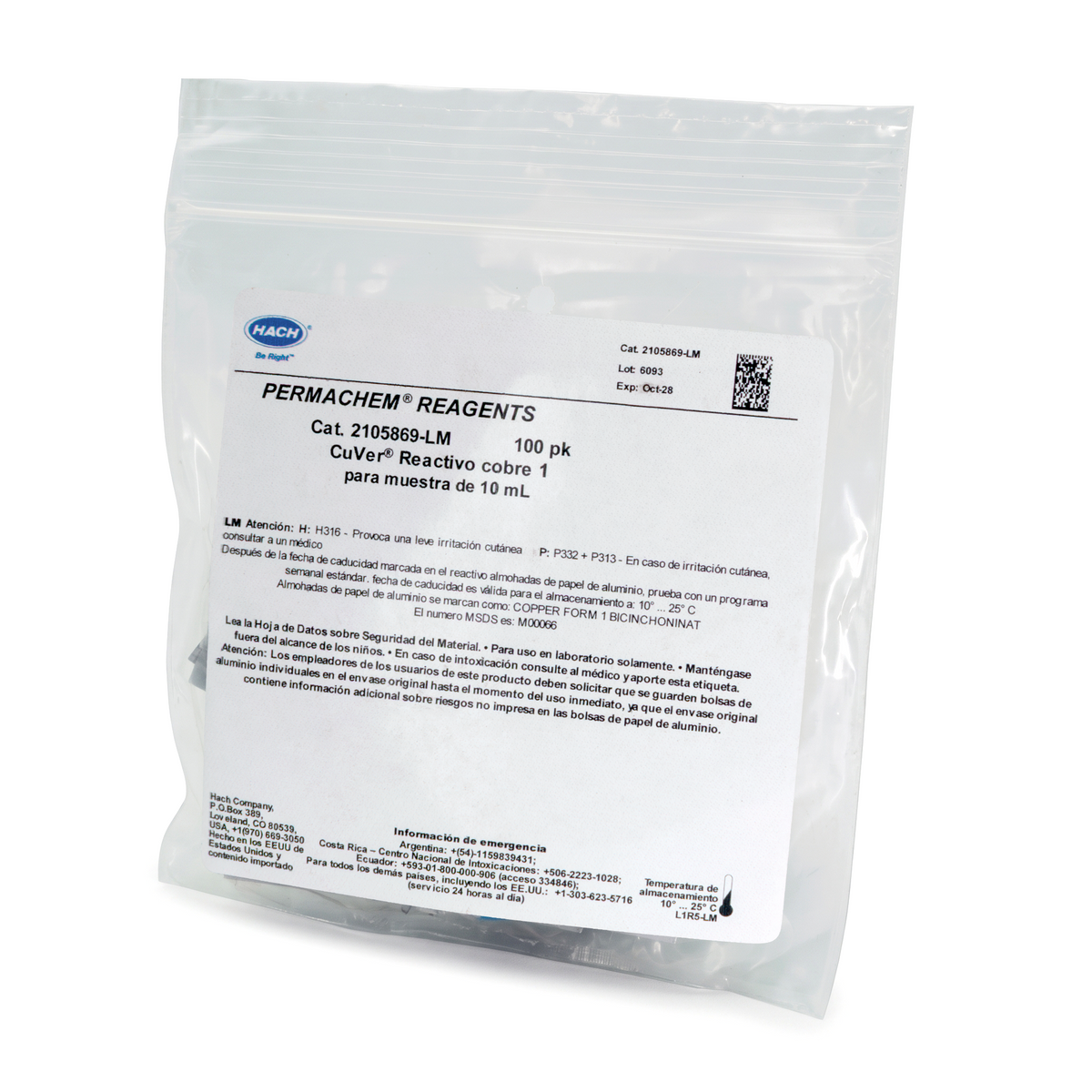 Reactivo CuVer 1 para Determinación de Cobre en Calidad de Agua 0.04-5.00 MG/L - Muestra 10 ML con 100 Piezas - HACH 2105869