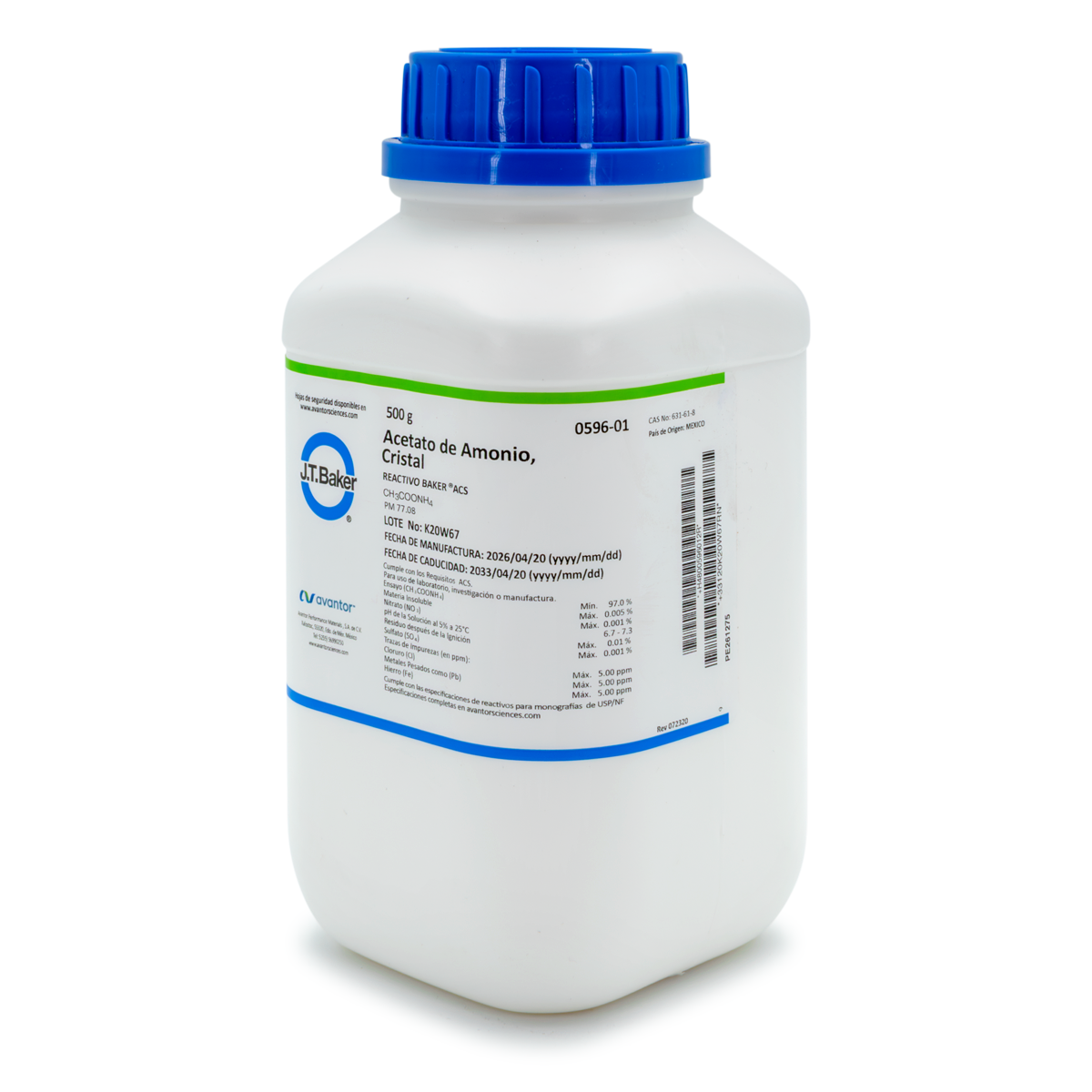 SAL QUÍMICA ACETATO DE AMONIO ACS CRISTALES  J.T. BAKER 0596 CAS 631-61-8