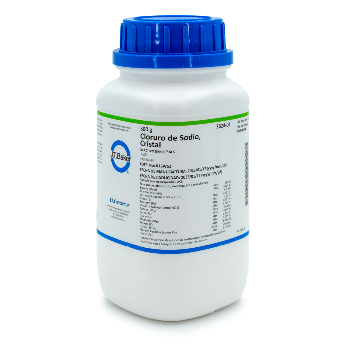 SAL QUÍMICA CLORURO DE SODIO ACS J.T. BAKER 3624 CAS 7647-14-5