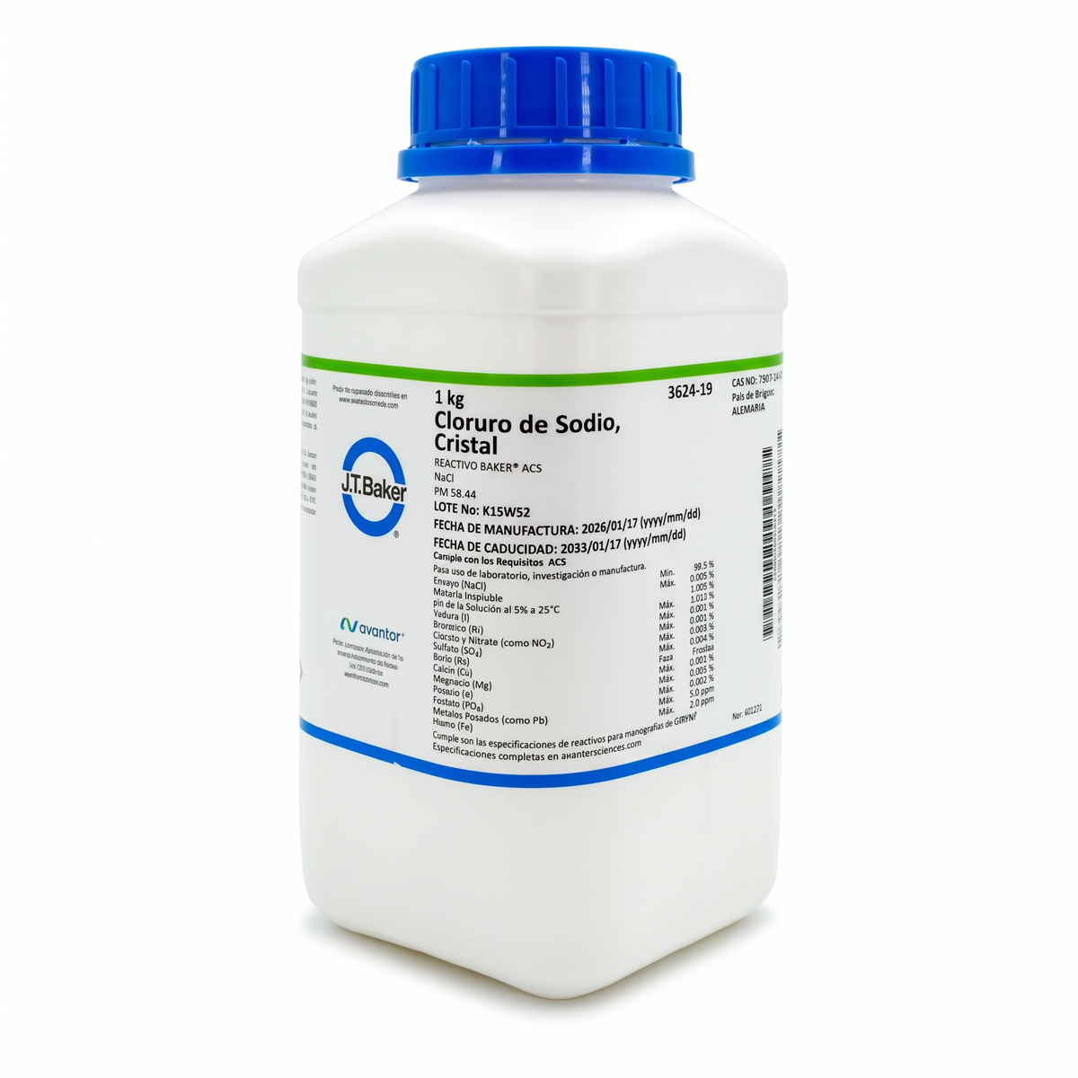 SAL QUÍMICA CLORURO DE SODIO ACS J.T. BAKER 3624 CAS 7647-14-5