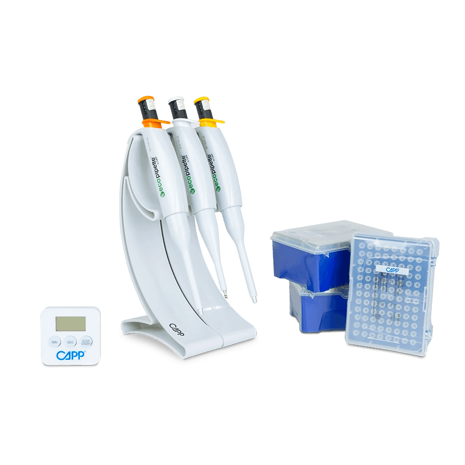 MICROPIPETAS EN KIT CAPP ECOPIPETTE INCLUYE 3 MICROPIPETAS ECOPIPETTE A ELECCIÓN, SOPORTE C-01, TRES RACKS DE PUNTAS CAPP EXPELL ESTÁNDAR Y TEMPORIZADOR - Mercalab
