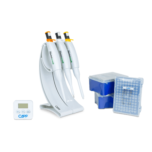 MICROPIPETAS EN KIT CAPP ECOPIPETTE INCLUYE 3 MICROPIPETAS ECOPIPETTE A ELECCIÓN, SOPORTE C-01, TRES RACKS DE PUNTAS CAPP EXPELL ESTÁNDAR Y TEMPORIZADOR - Mercalab