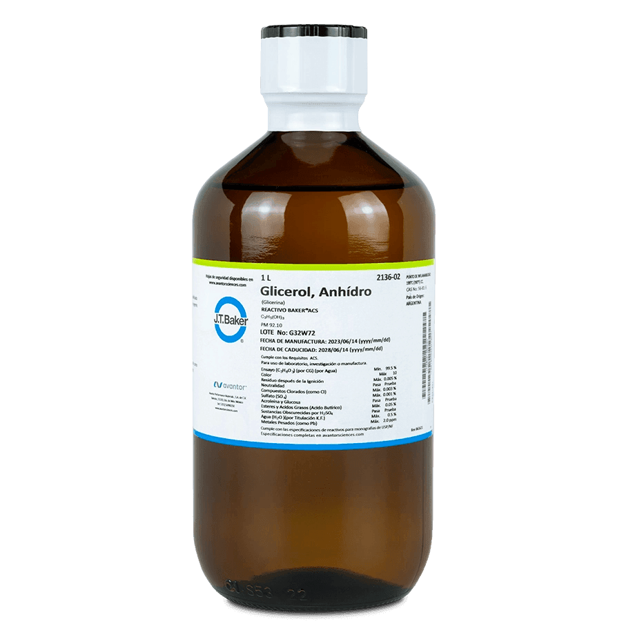 QUÍMICO ORGÁNICO GLICEROL ACS ANHIDRO 1 L J.T. BAKER 2136-02 CAS 56-81-5 - Mercalab