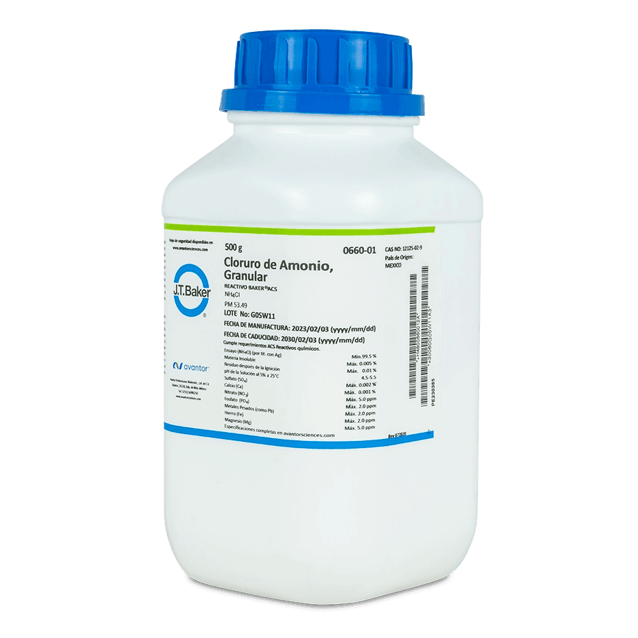 SAL QUÍMICA CLORURO DE AMONIO ACS GRANULADO 500 G J.T. BAKER 0660 CAS 12125-02-9 - Mercalab