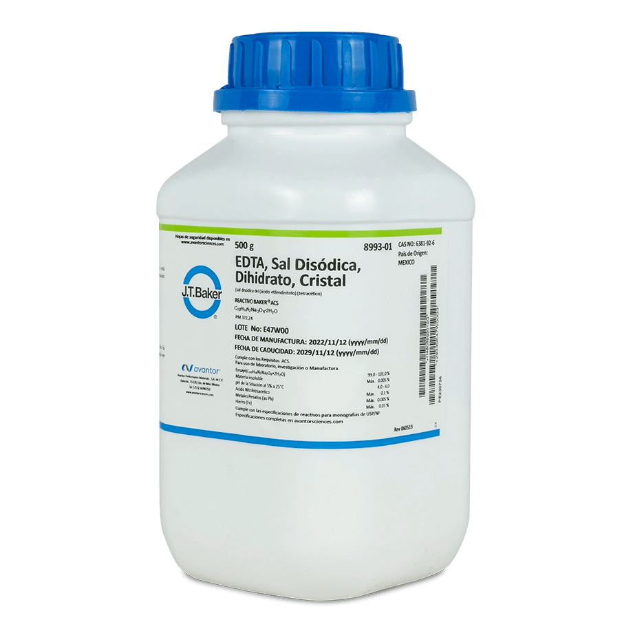SAL QUÍMICA EDTA SAL DISÓDICA ACS DIHIDRATADA CRISTALES 500 G J.T. BAKER 8993-01 CAS 6381-92-6 - Mercalab