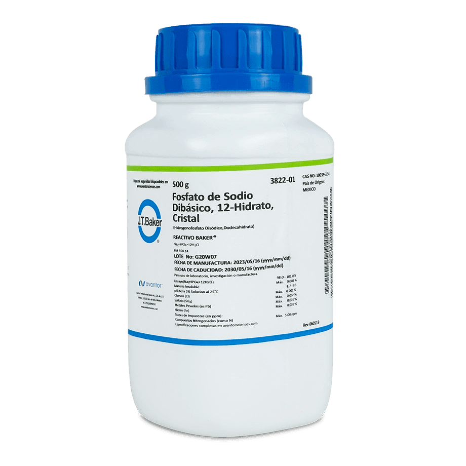 SAL QUÍMICA FOSFATO DE SODIO ACS DIBÁSICO DODECAHIDRATADO CRISTALES 500 G J.T. BAKER 3822-01 CAS 10039-32-4 - Mercalab