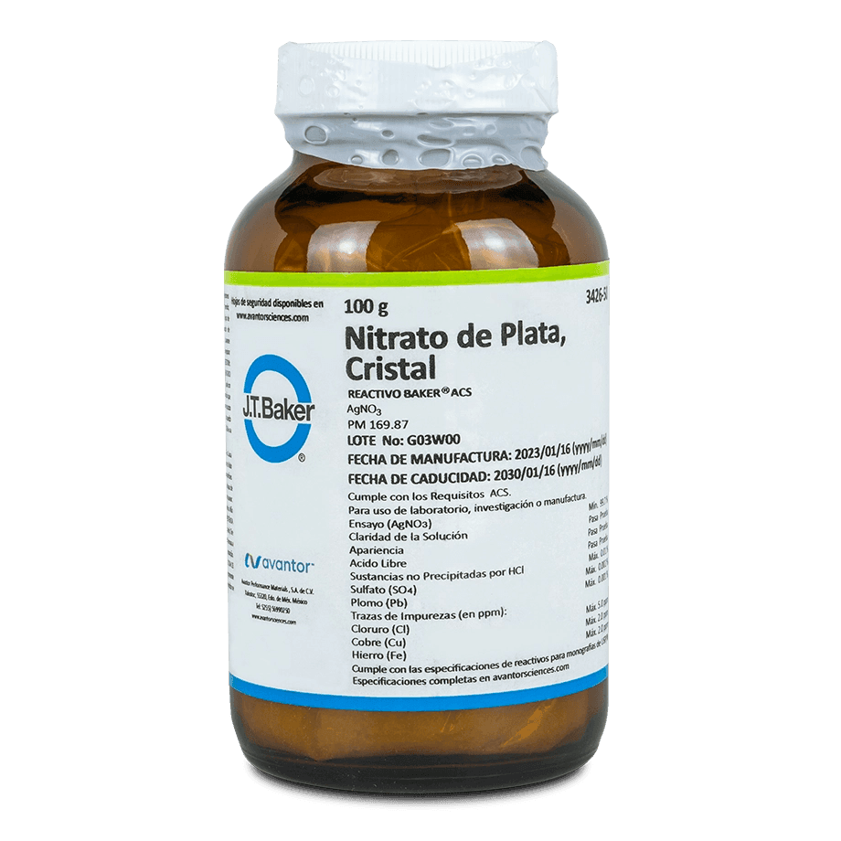 SAL QUÍMICA NITRATO DE PLATA ACS CRISTALES 100 G J.T. BAKER 3426-50 CAS 7761-88-8 - Mercalab