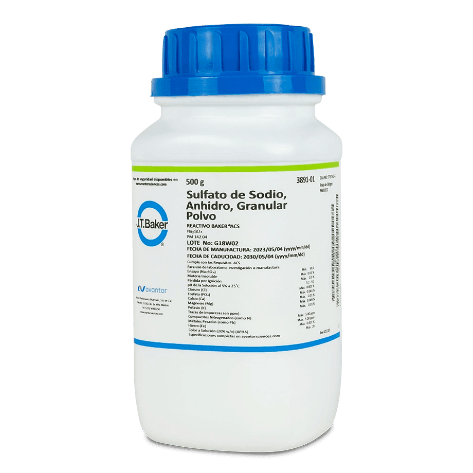 SAL QUÍMICA SULFATO DE SODIO ACS ANHIDRO POLVO GRANULADO 500 G J.T. BAKER 3891-01 CAS 7757-82-6 - Mercalab