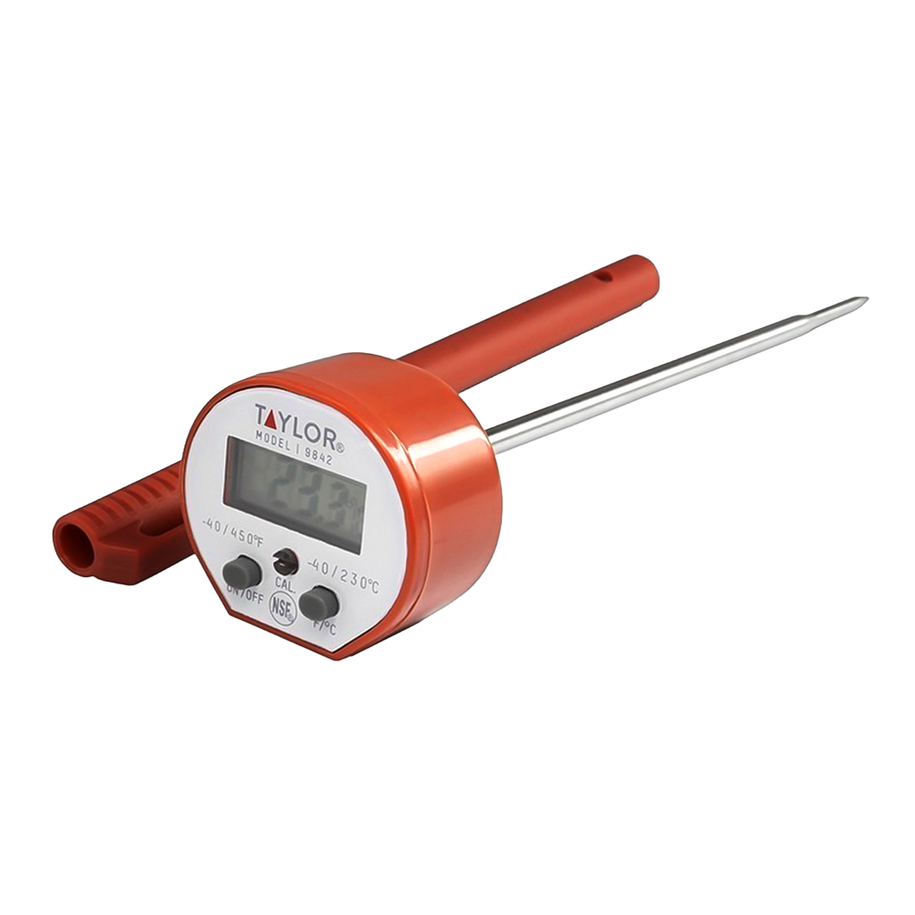 TERMÓMETRO DIGITAL DE VÁSTAGO BIMETÁLICO TAYLOR 9842 A PRUEBA DE AGUA Y RECUBRIMIENTO ANTIMICROBIOS