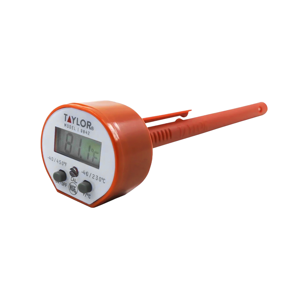 TERMÓMETRO DIGITAL DE VÁSTAGO BIMETÁLICO TAYLOR 9842 A PRUEBA DE AGUA Y RECUBRIMIENTO ANTIMICROBIOS