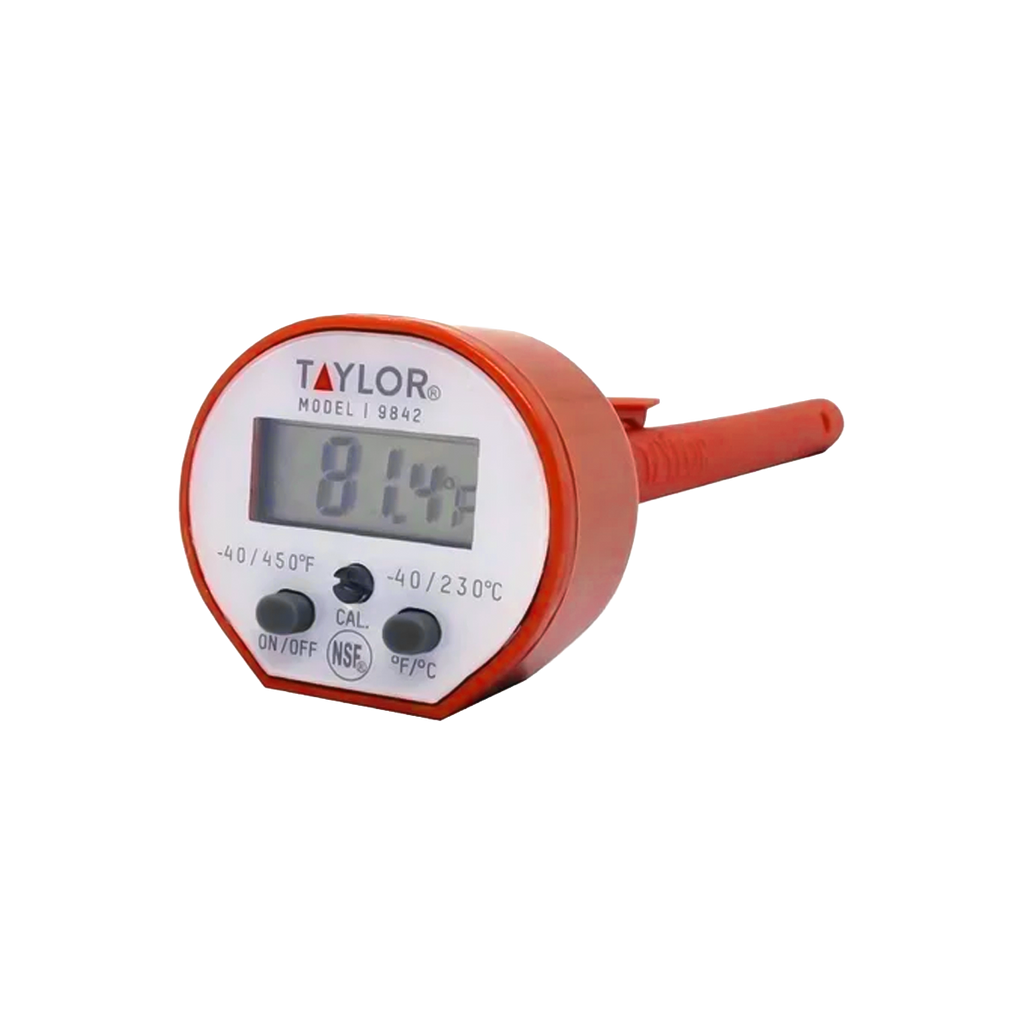 TERMÓMETRO DIGITAL DE VÁSTAGO BIMETÁLICO TAYLOR 9842 A PRUEBA DE AGUA Y RECUBRIMIENTO ANTIMICROBIOS