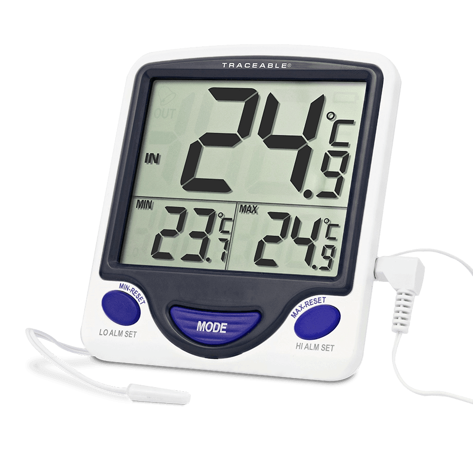 TERMÓMETRO DIGITAL DE -50 A 70 °C CON SONDA PLÁSTICA DE 3 METROS Y CERTIFICADO TRAZABLE A NIST TRACEABLE CC4148 LCD JUMBO 3 LÍNEAS - Mercalab