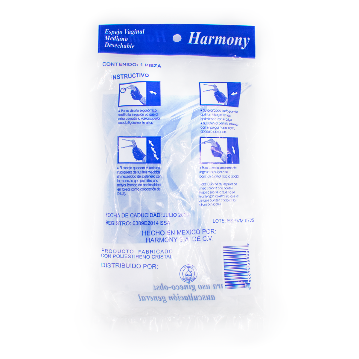 ESPEJO VAGINAL DESECHABLE ESLAB KS DE POLIESTIRENO CRISTALINO GRADO MÉDICO